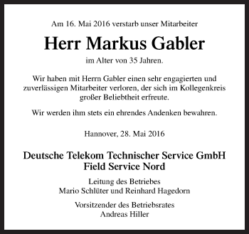 Traueranzeige von Markus Gabler von Neue Osnabrücker Zeitung GmbH & Co. KG