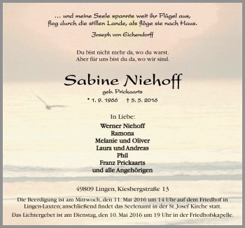 Traueranzeige von Sabine Niehoff von Neue Osnabrücker Zeitung GmbH & Co. KG
