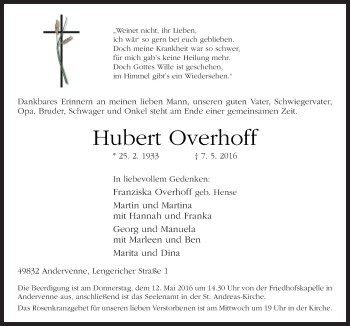 Traueranzeige von Hubert Overhoff von Neue Osnabrücker Zeitung GmbH & Co. KG