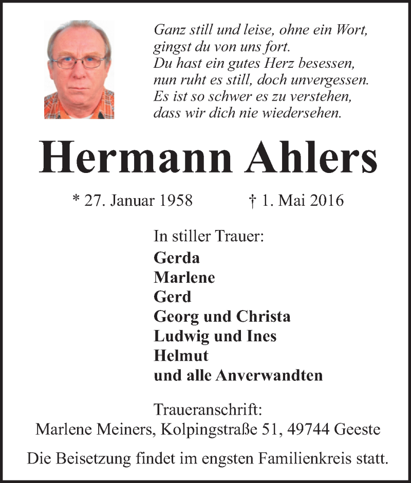 Traueranzeigen von Hermann Ahlers | noz Trauerportal