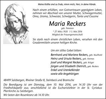 Traueranzeige von Maria Reckers von Neue Osnabrücker Zeitung GmbH & Co. KG