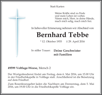 Traueranzeige von Bernhard Tebbe von Neue Osnabrücker Zeitung GmbH & Co. KG