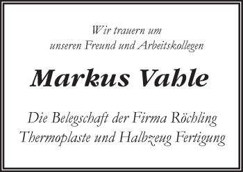 Traueranzeige von Markus Vahle von Neue Osnabrücker Zeitung GmbH & Co. KG