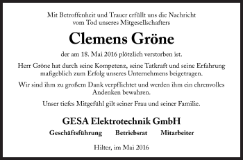 Traueranzeige von Clemens Gröne von Neue Osnabrücker Zeitung GmbH & Co. KG