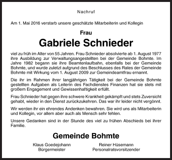 Traueranzeige von Gabriele Schnieder von Neue Osnabrücker Zeitung GmbH & Co. KG