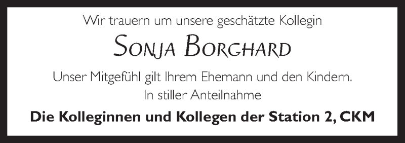  Traueranzeige für Sonja Borghard vom 27.05.2016 aus Neue Osnabrücker Zeitung GmbH & Co. KG