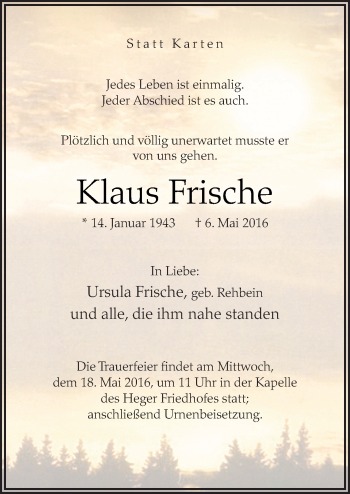 Traueranzeige von Klaus Frische von Neue Osnabrücker Zeitung GmbH & Co. KG