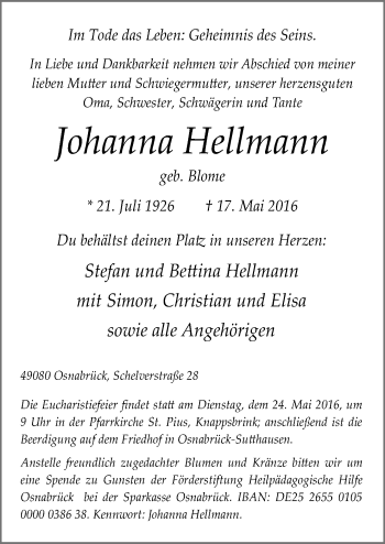 Traueranzeige von Johanna Hellmann von Neue Osnabrücker Zeitung GmbH & Co. KG