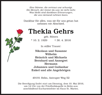 Traueranzeige von Thekla Gehrs von Neue Osnabrücker Zeitung GmbH & Co. KG
