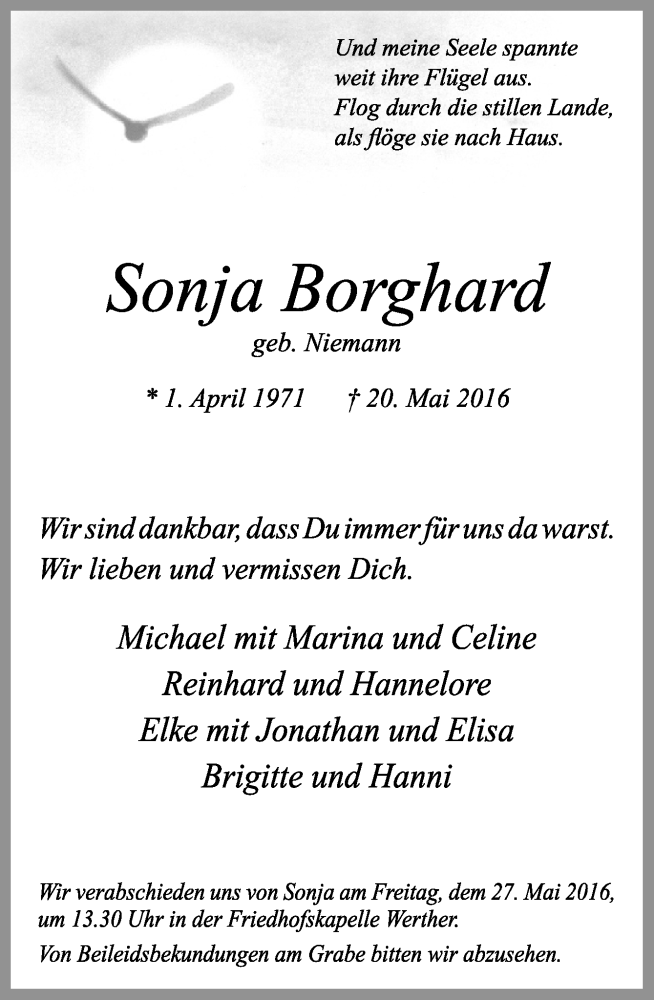  Traueranzeige für Sonja Borghard vom 24.05.2016 aus Neue Osnabrücker Zeitung GmbH & Co. KG