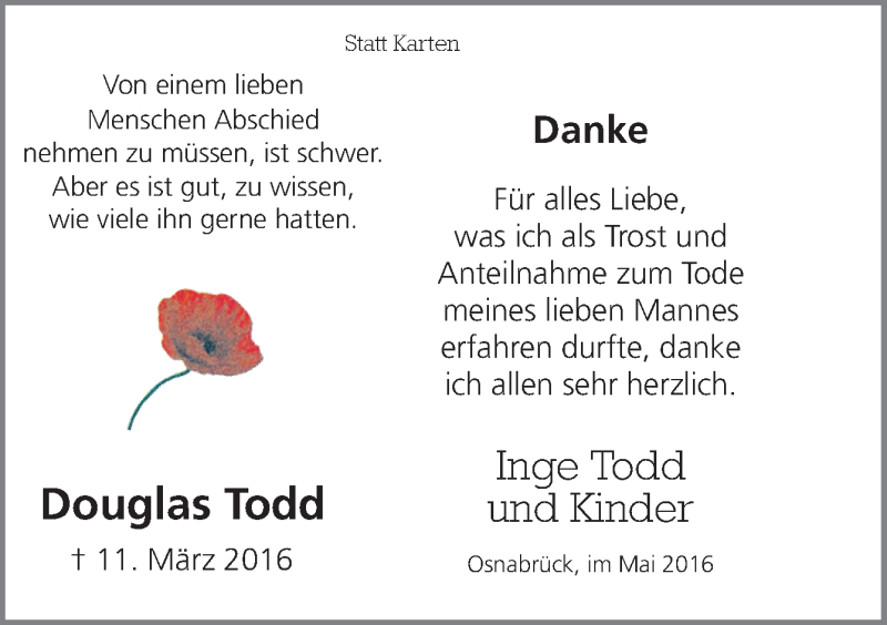  Traueranzeige für Douglas Todd vom 07.05.2016 aus Neue Osnabrücker Zeitung GmbH & Co. KG