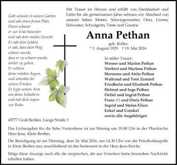 Traueranzeige von Anna Pethan von Neue Osnabrücker Zeitung GmbH & Co. KG