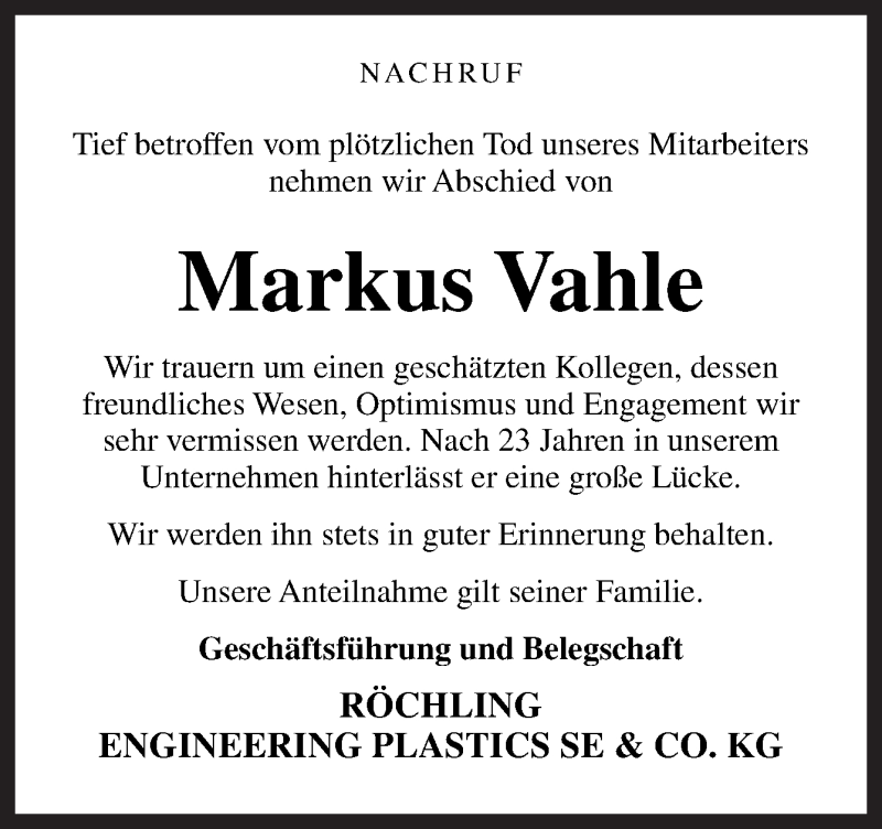  Traueranzeige für Markus Vahle vom 13.05.2016 aus Neue Osnabrücker Zeitung GmbH & Co. KG