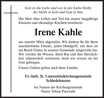 Traueranzeige von Irene Kahle von Neue Osnabrücker Zeitung GmbH & Co. KG