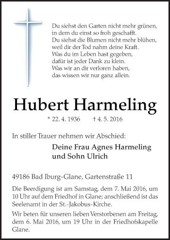 Traueranzeige von Hubert Harmeling von Neue Osnabrücker Zeitung GmbH & Co. KG