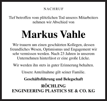 Traueranzeige von Markus Vahle von Neue Osnabrücker Zeitung GmbH & Co. KG