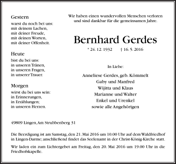 Traueranzeige von Bernhard Gerdes von Neue Osnabrücker Zeitung GmbH & Co. KG