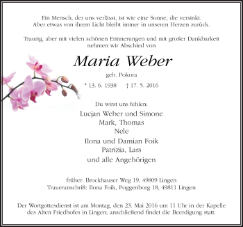 Traueranzeige von Maria Weber von Neue Osnabrücker Zeitung GmbH & Co. KG