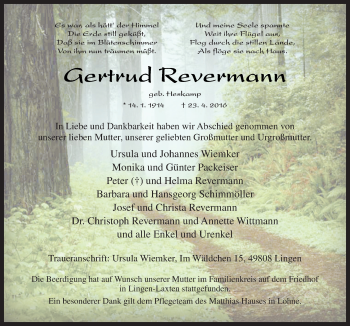 Traueranzeige von Gertrud Revermann von Neue Osnabrücker Zeitung GmbH & Co. KG