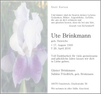 Traueranzeige von Ute Brinkmann von Neue Osnabrücker Zeitung GmbH & Co. KG