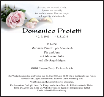 Traueranzeige von Domenico Proietti von Neue Osnabrücker Zeitung GmbH & Co. KG