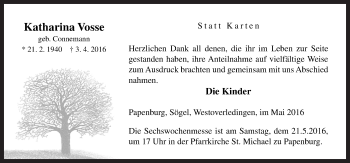 Traueranzeige von Katharina Vosse von Neue Osnabrücker Zeitung GmbH & Co. KG