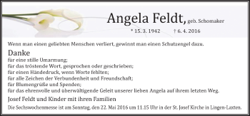 Traueranzeige von Angela Feldt von Neue Osnabrücker Zeitung GmbH & Co. KG
