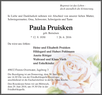 Traueranzeige von Paula Pruisken von Neue Osnabrücker Zeitung GmbH & Co. KG