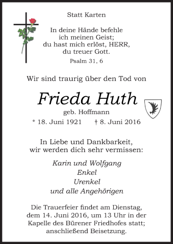 Traueranzeige von Frieda Huth von Neue Osnabrücker Zeitung GmbH & Co. KG