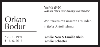 Traueranzeige von Orkan Bodur von Neue Osnabrücker Zeitung GmbH & Co. KG