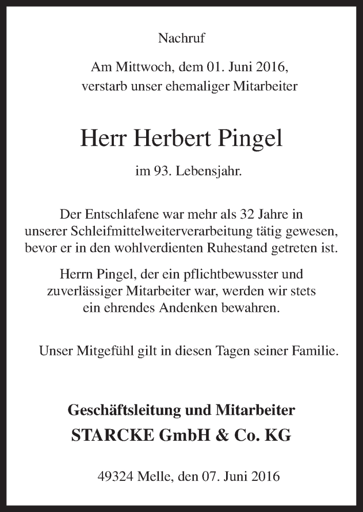  Traueranzeige für Herbert Pingel vom 07.06.2016 aus Neue Osnabrücker Zeitung GmbH & Co. KG