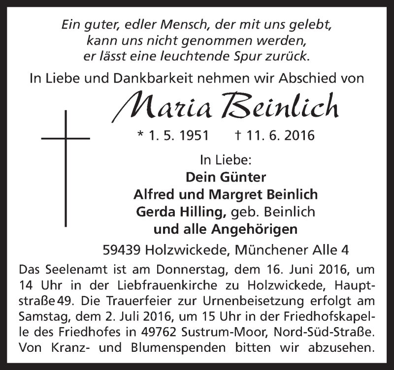  Traueranzeige für Maria Beinlich vom 15.06.2016 aus Neue Osnabrücker Zeitung GmbH & Co. KG