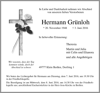 Traueranzeige von Hermann Grünloh von Neue Osnabrücker Zeitung GmbH & Co. KG