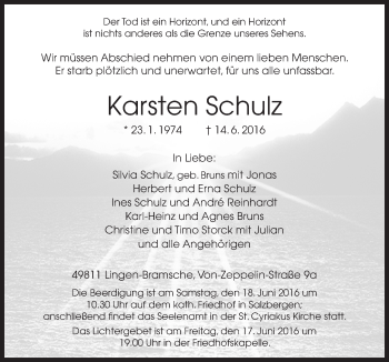Traueranzeige von Karsten Schulz von Neue Osnabrücker Zeitung GmbH & Co. KG