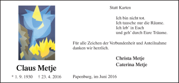 Traueranzeige von Claus Metje von Neue Osnabrücker Zeitung GmbH & Co. KG