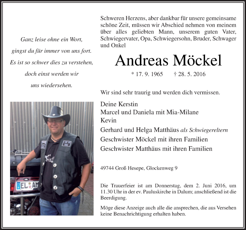  Traueranzeige für Andreas Möckel vom 01.06.2016 aus Neue Osnabrücker Zeitung GmbH & Co. KG