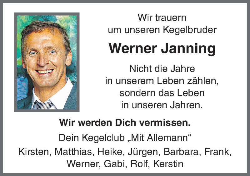  Traueranzeige für Werner Janning vom 11.06.2016 aus Neue Osnabrücker Zeitung GmbH & Co. KG