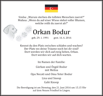 Traueranzeige von Orkan Bodur von Neue Osnabrücker Zeitung GmbH & Co. KG