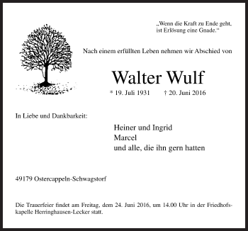 Traueranzeige von Walter Wulf von Neue Osnabrücker Zeitung GmbH & Co. KG