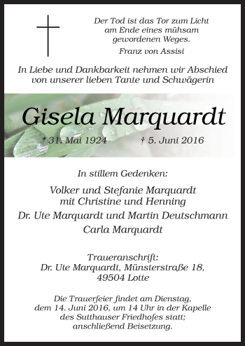 Traueranzeige von Gisela Marquardt von Neue Osnabrücker Zeitung GmbH & Co. KG