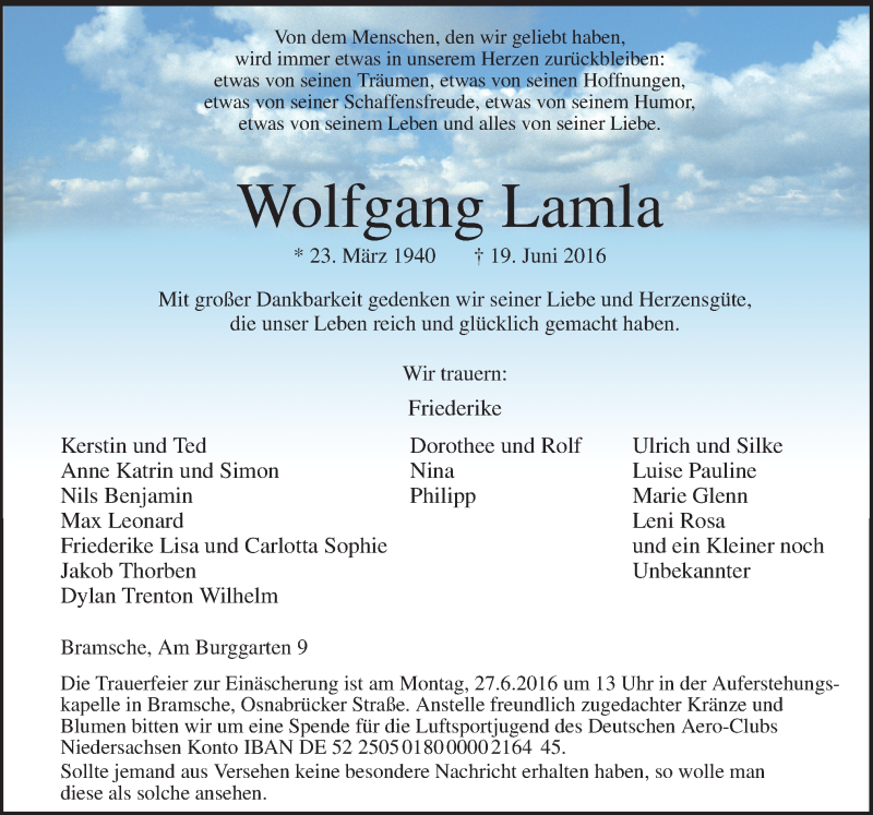  Traueranzeige für Wolfgang Lamla vom 22.06.2016 aus Neue Osnabrücker Zeitung GmbH & Co. KG