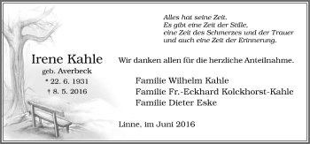 Traueranzeige von Irene Kahle von Neue Osnabrücker Zeitung GmbH & Co. KG