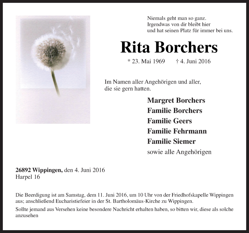  Traueranzeige für Rita Borchers vom 07.06.2016 aus Neue Osnabrücker Zeitung GmbH & Co. KG