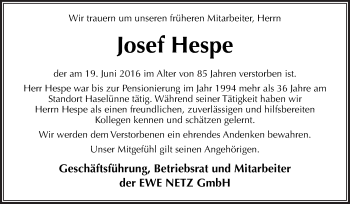 Traueranzeige von Josef Hespe von Neue Osnabrücker Zeitung GmbH & Co. KG