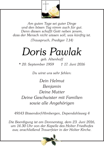 Traueranzeige von Doris Pawlak von Neue Osnabrücker Zeitung GmbH & Co. KG