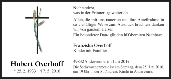 Traueranzeige von Hubert Overhoff von Neue Osnabrücker Zeitung GmbH & Co. KG