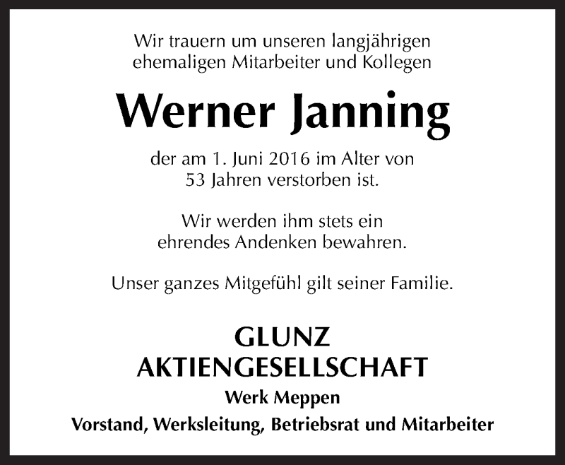  Traueranzeige für Werner Janning vom 13.06.2016 aus Neue Osnabrücker Zeitung GmbH & Co. KG