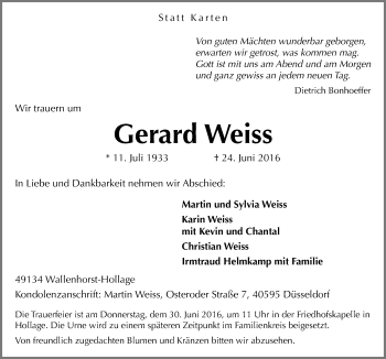 Traueranzeige von Gerard Weiss von Neue Osnabrücker Zeitung GmbH & Co. KG