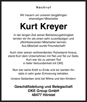 Traueranzeige von Kurt Kreyer von Neue Osnabrücker Zeitung GmbH & Co. KG