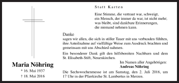 Traueranzeige von Maria Nöhring von Neue Osnabrücker Zeitung GmbH & Co. KG